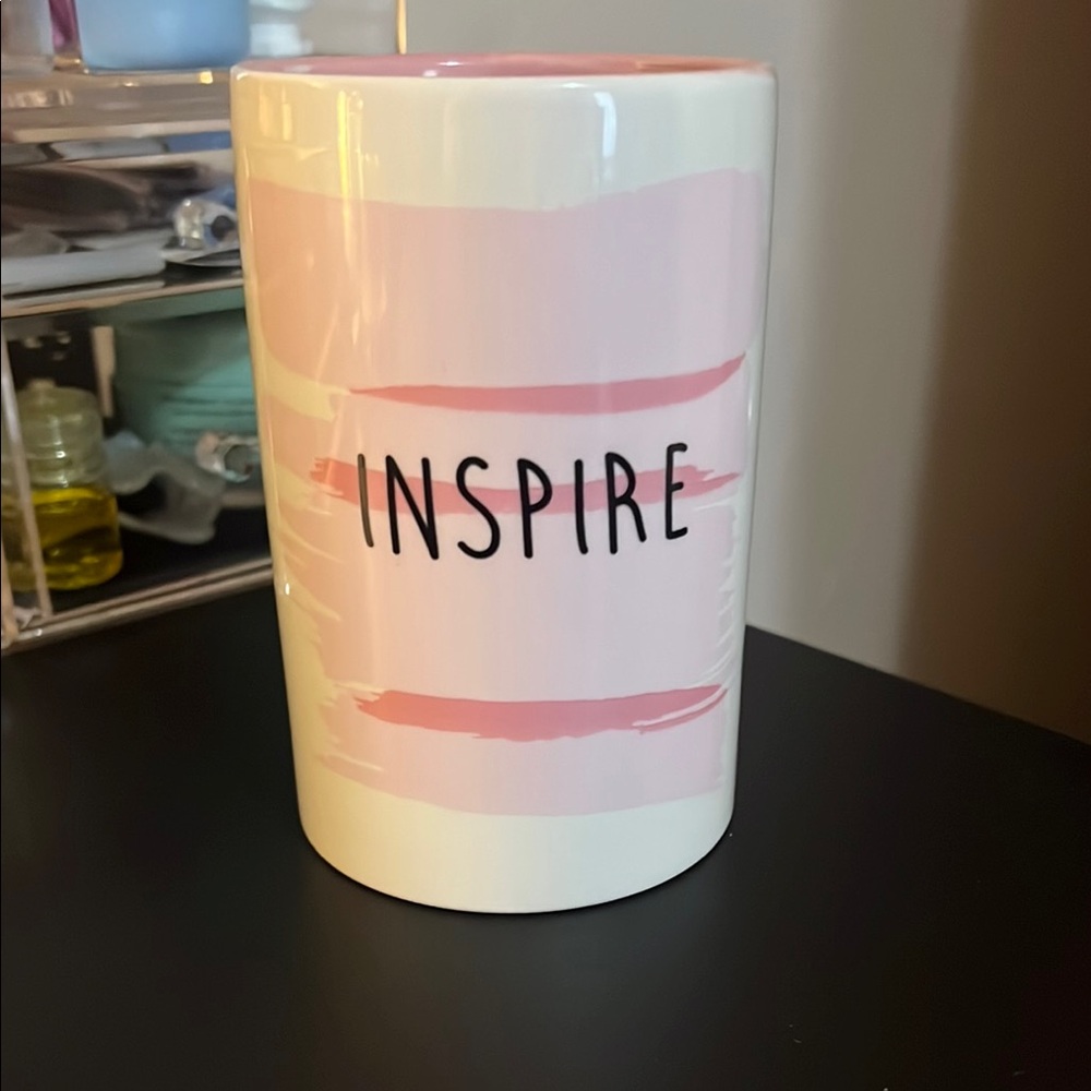 Pink and White Ceramic Mug with 'Inspire' Text